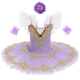 AFAVOM Ballerina Swan Lake Costume for Girls Camisole Skirted Leotard Ballet Dance Outfit with Hair Clip Armbands Sparkle Embroidery Hard Platter Tutu Performance Dancewear Dress Purple 11-12 Years