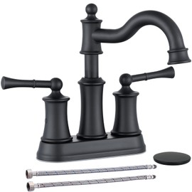 WINKEAR Centerset Bathroom Sink Faucet Matte Black 2 Handles Fit for 2 Holes Deck Mount Installation Pop-up Drain Assembly with Overflow Deck Plate and Water Supply Lines Included