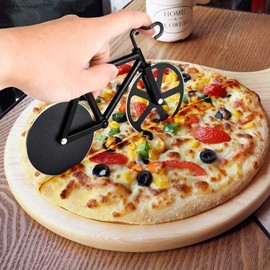 Bicycle Pizza Cutter Wheel,Non-Stick Dual Cutting Wheels Stainless Steel Bike Pizza Slicer with a Stand for Pizza Lovers,Holiday Vacation Housewarming Kitchen Gadget Cool Men's Gift (Black)