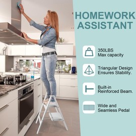 Upgraded 2 Step Ladder, 350 lbs Folding Aluminum Step Stool with Wide Anti-Slip Pedals, Lightweight & Portable Ladder for Kitchen, Closet, Office, Home Use - White