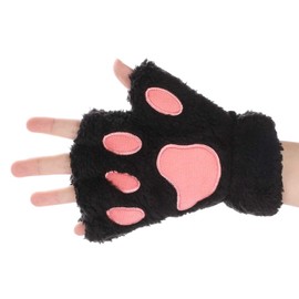 Women Girls Cat Dog Paw Fingerless Gloves Soft Plush Half Finger Gloves Winter Thick Warm Gloves Cute Bear Claw Coral Fleece Mittens with Anti-lost String for Sports Touchscreen Typing Cosplay