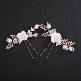 Teyglen Flower Bridal Hair Pins Crystal Pearl Bride Wedding Hair Accessories Floral Flower Rhinestone Hair Piece Decorative White Flower Hair Pins for Women (Rose gold)