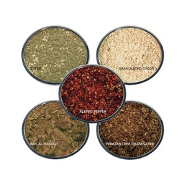 North African Spice Gift Set- Contains: 5 different spice jars (1 each of: Zatar (Jordanian), Ras Al Hanout, Aleppo Pepper, Persian Lime Granules and Granulated Onion)