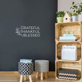 Vinyl Wall Art Decal - Grateful Thankful Blessed - 10.5" x 25" - Modern Lovely Inspiring Thanksgiving Quote Sticker for Home Family Room School Office Coffee Shop Windows Storefront Decor (White)