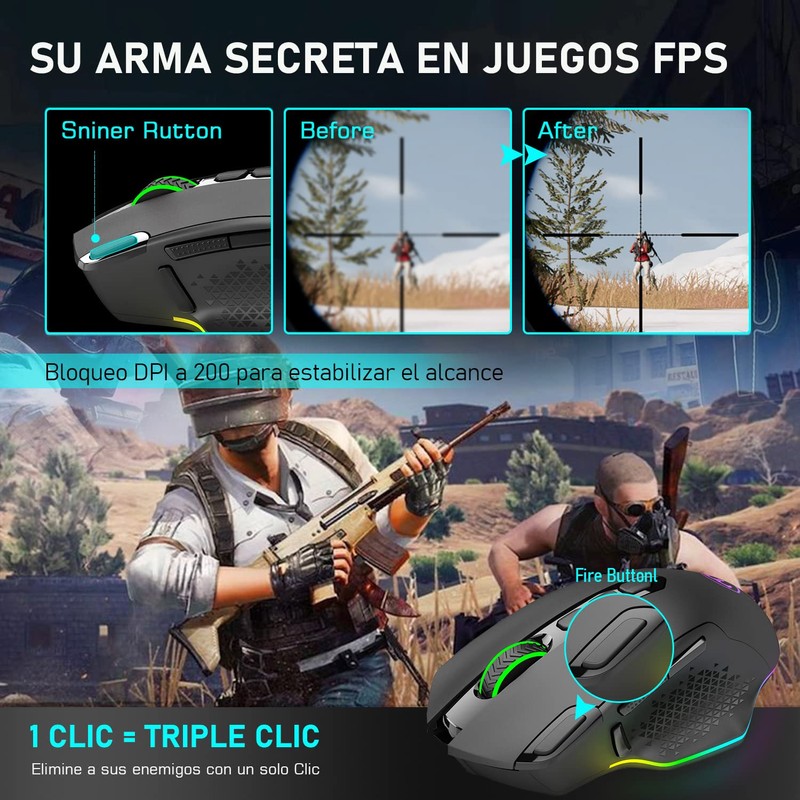 TERPORT S600 Mouse Gaming de Modo Dual Inalámbrico/Cable, 10000DPI Ratón