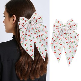 Cherry Large Bow Hair Clips Cute Fruit White Hair Bows Small Cherry Silk Satin Large Ribbon Clip Spring Summer Oversized Bowknot Hair Barrettes Long Tail Hair Accessories for Women and Girls