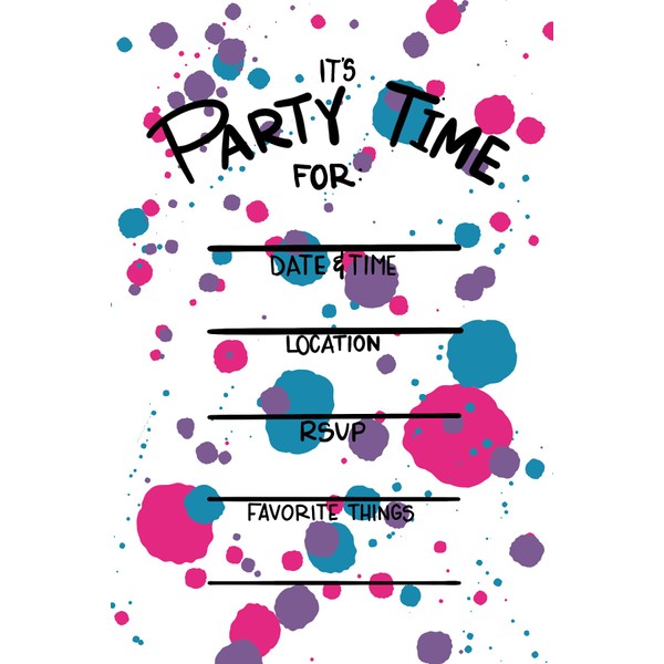 Colorful Paint Party Birthday Party Invitations for Boys, Girls or Gender-Neutral Celebrations with Envelopes (20 Count)