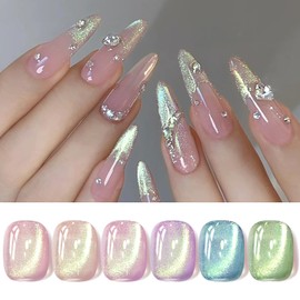 Born Pretty Cat Magnetic Eye Gel Nail Polish Shimmer Glitter Holographic Auroas Magnetic Gel Spring Summer Pink Green Blue Translucent Gel Polish Set Manicure Nail Art DIY at Home