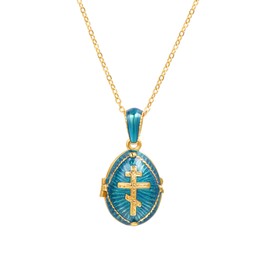 U7 Blue Green Oval Locket Necklace With Orthodox Cross Pendant for Men Women Religious Christian Jewellery