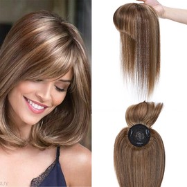 Hairro Clip in on Hair Topper with Bangs (12 Inch #4P27 Medium Brown & Dark Blonde) 100% Remy Real Human Hair Extensions for Women Human Hair Mono Base toppers for Hair Loss Thinning Hair Hairpiece
