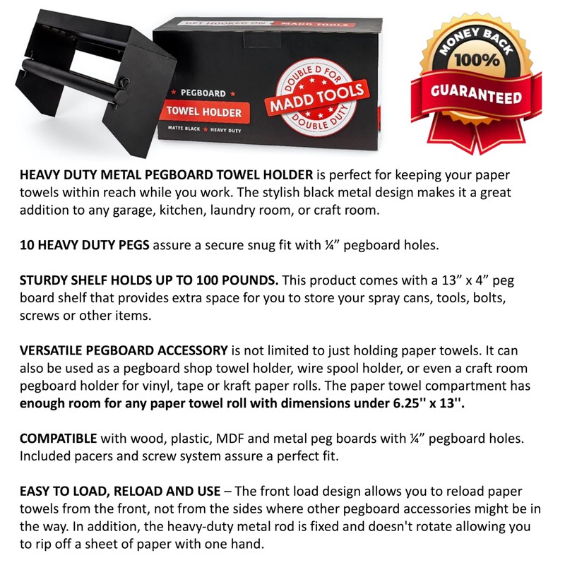 Pegboard Paper Towel Holder with Shelf, Peg Board Accessory Kit