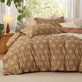 Bedsure Duvet Cover Queen Size - Reversible Floral Duvet Cover Set with Zipper Closure, 3 Pieces Caramel Bedding Set with 8 Corner Ties and 2 Pillow Shams 20"x26"