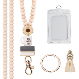 JAONLD Lanyard with Card Case, Neck Strap, Key, Natural Wood Beads, Lanyard for Girls with Waterproof Card Holders, Suitable for Teachers, Nurses, Doctors, Students (Beige)