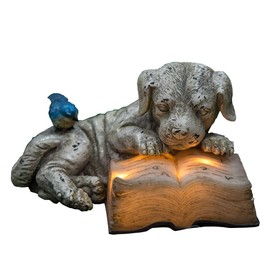 Schooling Resin Solar Power Outdoor Statuary,Dog Read a Book