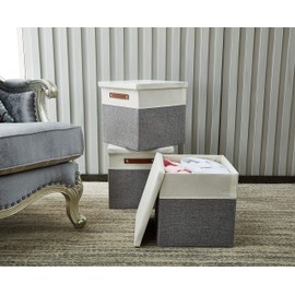 DECOMOMO Foldable Storage Bin | Collapsible Sturdy Cationic Fabric Storage Basket Cube W/Handles for Organizing Shelf Nursery Home Closet (Grey & White, Cube with Lid - 11 x 11 x 11-3 Pack)