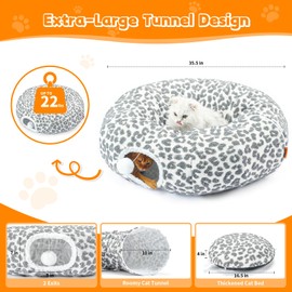 Nxwjoy Cat Tunnel for Indoor Cats Donut Tunnels Bed 35.5 Inch XL Cute Tubes Round Pet Play Tunnel Toy for Kitten Puppy Rabbit with Washable Circle Cushion Leopard Grey