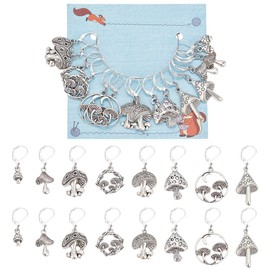 NBEADS 16 Pcs Stitch Markers, Antique Silver 8 Styles Mushroom Crochet Markers Tibetan Style Locking Stitch Needle Clip for Knitting, Weaving, Sewing Accessories, Jewelry Making
