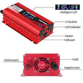 Cantonape 1000W/2000W(Peak) Car Power Inverter DC 12V to 110V AC Converter with LCD Display Dual AC Outlets and Dual USB Car Charger for Car Home Laptop Truck Red | Cantonape