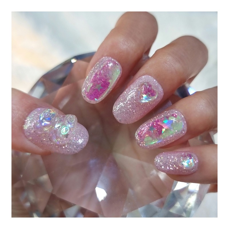 Pink Bear Star UruUru Handmade Nail Tip - Short Oval