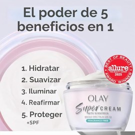 Olay Super Cream con protector solar SPF 30, hidratante facial ligero sin fragancia con protección solar, cuidado de la piel 5 en 1, hidratante, ilumi