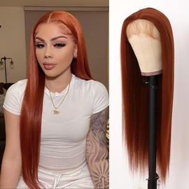 TaBeWay Ginger Orange Lace Front Wig Pre Plucked Synthetic Long Straight Lace Front Wigs Glueless HD Lace Front Wig 32inch with Baby Hair