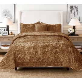 COCOPLOCEUS 3 Pieces Luxurious Velvet California King Quilts Set 106x118 Ruched Bedspread Coverlet Quilted Bedding Set with 2 Pillow Shams 20x36 Ultra Soft Comforter for All Season, Caramel