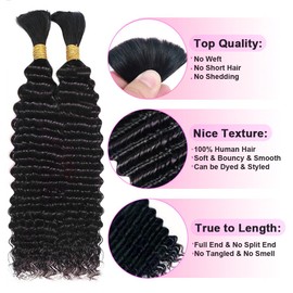 Human Braiding Hair for Boho Braids Curly Deep Wave Bulk Human Hair for Braiding 100% Human Hair for Braiding Hair Wet and Wavy Boho Knotless Braids Hair No Weft 2 Bundles/Pack