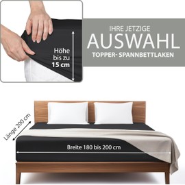 Hausfelder® Premium Fitted Sheet Topper 180 x 200 cm to 200 x 200 cm - 100% Jersey Cotton Cover, Oeko-Tex Made in Green, 5 to 15 cm Box Spring Bed Topper Height, Black