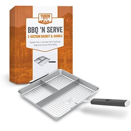 Yukon Glory BBQ 'N SERVE 3 Section BBQ Grill Basket The Grilling Basket Includes a Clip-On Handle - Perfect Grill Baskets for Outdoor Grill Vegetables or Fish Basket & Meat