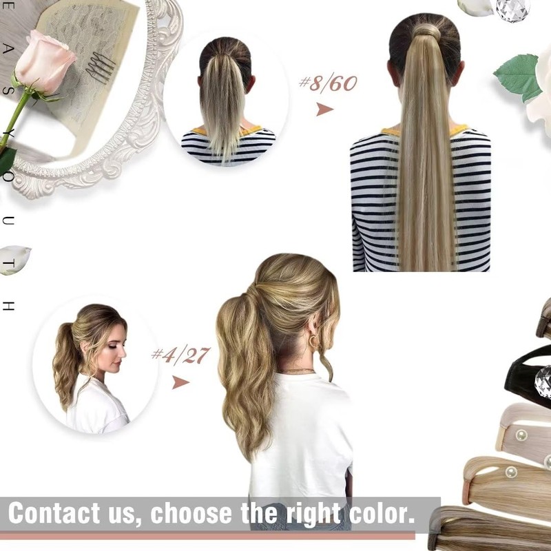 Easyouth Ponytail Extension Real Hair, Colour Ash Brown Mix Platinum