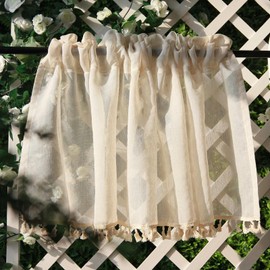 RunFar shop 2 x Boho Beige Net Curtains, Vintage, Semi-Transparent, Bistro Curtain, Kitchen Short Curtains, Boho Curtains, Tassels, Window Curtain, Semi-Transparent for Kitchen, Living Room, Country