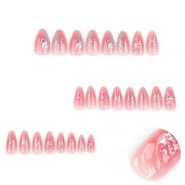 24Pcs Pink Press on Nails Short Almond Fake Nails Pink Resin Butterfly Bow with Pearls Design Silver Nail Glitter Full Cover Stick on Nails Star False Nails for Women Girls Acrylic Nails Decorations