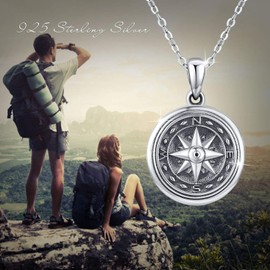 KINGWHYTE Compass Locket Necklace That Holds Pictures 925 Sterling Silver Compass Photo Necklaces Memory Pendant Anniversary Jewellery Gifts for Women Men - 18" + 2" Silver Chain