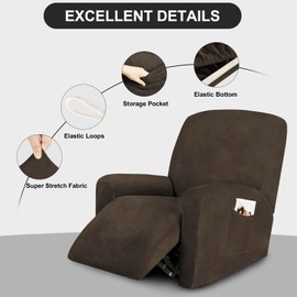 FestiCorp Recliner Chair Covers Real Velvet 4-Pieces Recliner Covers for Small Lazy Boy Recliner Chair Stretch Recliner Sofa Slipcovers Furniture Protector with Side Pocket & Elastic Bottom, Brown