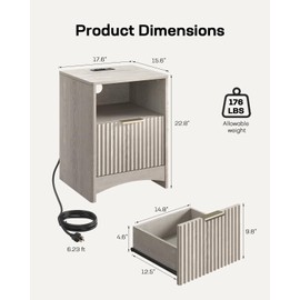 Marsail Fluted Nightstand Set of 2 with Charging Station, Adjustable Bedside Table with USB & AC Ports, Wood Grain Finish End Table, Sleek Wide Handle, Side Table for Bedroom, Grey