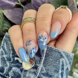 24Pcs Blue Press on Nails Medium Almond Nails French Tip Fake Nails with Floral Spring Summer False Nails Gradient Designs Glue on Nails Blue Flower Acrylic Nails Full Cover Nail Tips for Women