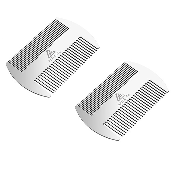 Metal Hair&Beard Comb - AhfuLife EDC Credit Card Size Comb Perfect for Wallet and Pocket - Anti-Static Dual Action Beard Comb (Stainless Steel Comb) (Stainless Steel Comb (2 Pcs))