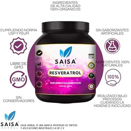 Resveratrol de 250 gramos | Suplemento Alimenticio Polifenoles | Saisa Herbal Sin Sabor | Antioxidante, Mejora La Circulación, Antienvejecimiento, Sal
