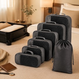 6-Piece Travel Compression Packing Cube Set with Mesh Panels and Shoe Bag, Lightweight Suitcase and Luggage Organizer