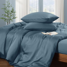 Horbaunal Tencel Lyocell Duvet Cover Queen Size 3 Piece - Denim Blue Silky Cooling Duvet Cover Set for Hot Sleeper - Natural Eucalyptus Lyocell Fiber - Breathable & Ultra-Soft Bedding Set - 90" x 90"