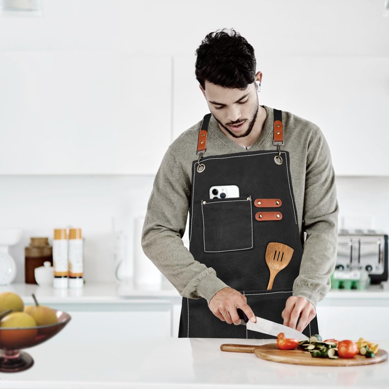 APRONPANDA Cross-Back Chef Aprons for Men Women with Pockets,Cotton Canvas