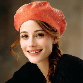 LADYBRO 2 Layers Wool Rhinestone Beret Hats for Women French Barette Lady Winter Warm (Orange Pink)
