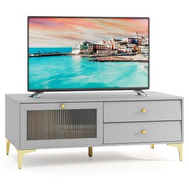 Tangkula Gray TV Stand for 55-Inch TV, 47.5” TV Console Table with Drawers, Drop Down Tempered Glass Door Cabinet & Metal Legs, Modern Media Entertainment Center for Living Room (Gray, 47.5”L)