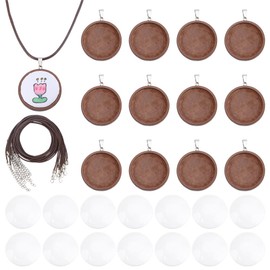 PH PandaHall 12 Sets Wood Embroidery Necklace Set Pendant Tray Set Embroidery Pendant Set Round Pendant Trays Base Blank Setting with Cabochons and Cords for Necklaces Earrings, Wood