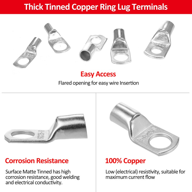 120PCS Copper Ring Lug Terminals Kit, Wire Connectors, Terminal Connectors,