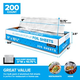 200 Count Pre-Cut Deli Aluminum Foil - 9” Pop Up Sheets for Restaurant, Disposable Food Covers for Burrito, Hot Dog or Sandwich, Stock Your Home, Silver