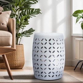 Talllor 17.7" White Ceramic Garden Stool with Lattice Cutout, French Country Style Indoor/Outdoor Drum Accent Table, Bohemian, Traditional Style for Patio, Balcony, Living Room, White #TL-GS65