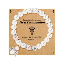 BAYLAY First Communion Gifts for Girls - Angel Wings Pearl Heart A Initial Bracelet for Girl, 1st Communion Gifts for Girls