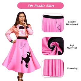 Knemksplanet Women's 50s Poodle Midi Skirts 4Pcs 1950s Costume Accessories Outfit Scarf Eyeglasses Polka Dot Earrings Pink