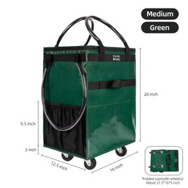 Reusable Grocery Bag On Wheels, Rolling Tote with 8 Pockets and Zipper Cover, Shopping Trolley, Foldable, Heavy Duty Handles, Carries Up to 46 LBS (Medium, Green)